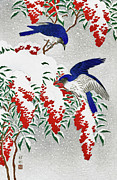 Flycatchers on a nandina bush - Digital Remastered Edition Painting by Ohara Koson