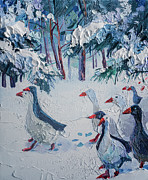 Geese In The Snow Painting by Anastasia Trusova