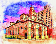 Gesu Church in Miami, Florida - pen and watercolor Digital Art by Nicko Prints