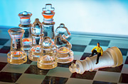 Glass chess pieces, king, queen, knight, bishop, rook and pawn. Fallen king miniature people businessman. macro Photograph by Sapiens Verbum
