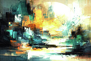 Gold and Teal Abstract Brush Strokes Landscape  Mixed Media by Shelli Fitzpatrick