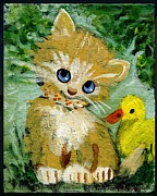 Golden Kitty and Baby Duck Painting by Follow Themoonart