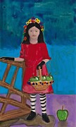 Green Apple Girl in a Red Dress Painting by Jo Potocki