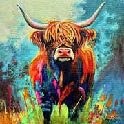 Highland Cow in the Meadow Painting by Caroline Swan