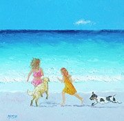 Holiday Fun for girls and dogs Painting by Jan Matson
