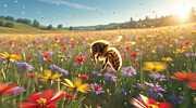 Honey bee flying over colorful flower meadow collecting pollen in warm sunshine Digital Art by Benny Marty Honey bee flying over colorful flower meadow collecting pollen in warm sunshine Digital Art by Benny Marty