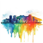 Honolulu Hawaii Skyline Vibrant Watercolor Cityscape - Modern Architecture and Urban Landscape Painting by Clark Leffler