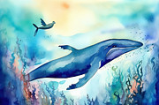 Human And Whale Diving Swimming Underwater Together Watercolor P Painting by N Akkash