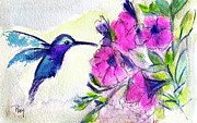 Hummingbird at the Pink Flowers Painting by Roxy Rich