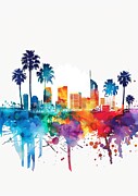 Huntington Beach California Skyline Colorful City Skyline Art Painting by Clark Leffler