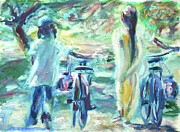 Indian Girls on Bikes Lower Meherabad Painting by Pete Caswell