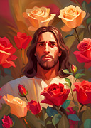 Jesus Christ Between Golden and Red Roses Photograph by Munir Alawi