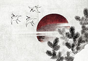 Katsushika Hokusai's Birds and Sunset from Album of Sketches Colorized Photograph by Bob Pardue