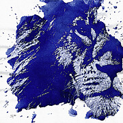 King of Beasts in Blue Paint Splatter  Mixed Media by Shelli Fitzpatrick
