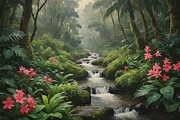 Landscape painting of a lush tropical forest jungle Digital Art by Vintage Wall Art
