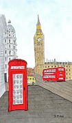 London's Red Phone Booth and Bus Painting by Donna Mibus