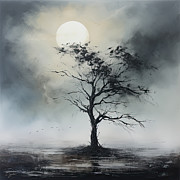 Lone Tree at Night - Mystical and Surreal Painting Painting by Lourry Legarde Lone Tree at Night - Mystical and Surreal Painting Painting by Lourry Legarde