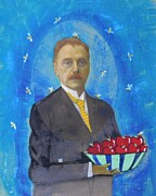 Man with Blue Bowl of Apples with Bees Painting by Jo Potocki