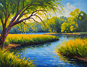 Marshy river bulrush and trees in the evening light - impressionist painting Digital Art by Nicko Prints