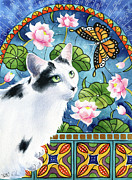 Maximillion With Waterlilies Tuxedo Cat Painting  Painting by Dora Hathazi Mendes