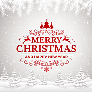 Merry Christmas and Happy New Year Greeting Card with winter landscape and snowflakes. Drawing by Paci77