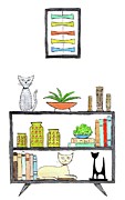 Mid Century Bookcase with Two Cats Painting by Donna Mibus