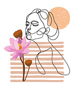 Minimal woman smelling flowers line art, flower head, flower girl, minimalist abstract female face Drawing by Mounir Khalfouf