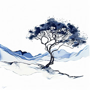 Minimalist Mountainscape - Blue Mid Century Wall Art Painting by Lourry Legarde