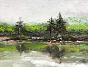 Misty Pine Reflections Painting by Victoria Plut