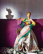 Model Helen Bennett in Bright Floral Dress Beside Bust  Photograph by Horst P Horst