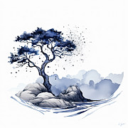 Modern Mountainscape - Blue and White Line Art Painting by Lourry Legarde Modern Mountainscape - Blue and White Line Art Painting by Lourry Legarde