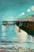 Moon Over Santa Cruz Wharf Painting by PJ Kirk
