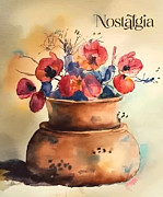 Nostalgia vintage handmade pot of flowers watercolor painting, No 02 Painting by Mounir Khalfouf
