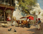 Nautch girls and bullock gharry, ahmedabad, gujarat state, india Painting by Edwin Lord Weeks