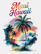 No 01, Maui Hawaii Retro Sunset Lgbt Pride Rainbow Palm Tree Women Watercolor Graphic Tee, Hawaii Mixed Media by Mounir Khalfouf