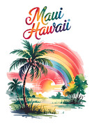 No 02, Maui Hawaii Retro Sunset Lgbt Pride Rainbow Palm Tree Women Watercolor Graphic Tee, Hawaii Mixed Media by Mounir Khalfouf