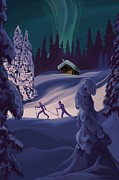 Nordic northern lights night ski Painting by Sassan Filsoof Nordic northern lights night ski Painting by Sassan Filsoof