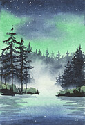 Northern Lights Over Forest Lake - Serene Watercolor Landscape Painting by Olga Shvartsur