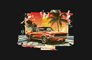 Orange Mustang t-shirt beach scene Digital Art by Bill Posner