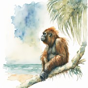 Orangutan At Beach Painting by N Akkash