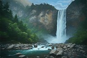 Painting of a majestic waterfall in the mountain Digital Art by Gerry Martinez Nature Wall Art Large Prints