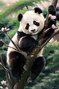 Painting of cute panda in the tree branch Digital Art by Gerry Martinez Nature Wall Art Large Prints
