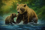 Painting of playful mama bear and cub Digital Art by Gerry Martinez Nature Wall Art Large Prints