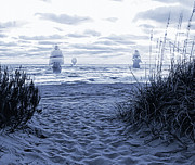 Pirate Ships on a Delft Blue Sea  Mixed Media by Shelli Fitzpatrick