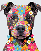 Pitbull Dog and Flowers  001 - Tailor jewel Painting by Tailor jewel