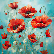 Poppies Upheaval - Turquoise and Red Flowers Painting by Lourry Legarde Poppies Upheaval - Turquoise and Red Flowers Painting by Lourry Legarde