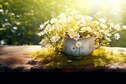 premium Spring - Chamomile Flowers In Teacup On Wooden Table In Garden Painting by N Akkash