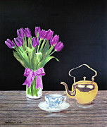 Purple Tulips and Tea Drawing by Michael Freeman