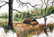 Big Red Roofed Barn Autumn  Painting by Catherine Ludwig Donleycott