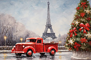 Red Christmas Truck and the Eiffel Tower - A Christmas Dream Come True Painting by Lourry Legarde
